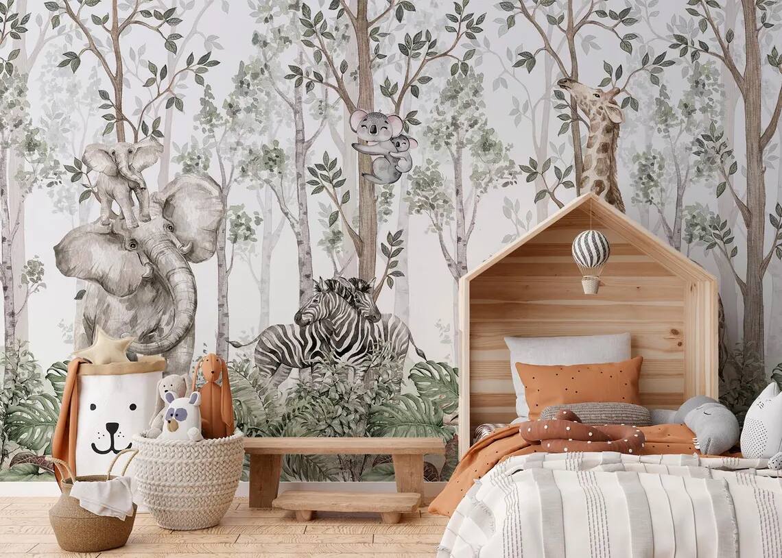 Peel Stick Wallpaper Cute Watercolor Design Of Jungle Friends Baby Elephant Zebra Giraffe And Koala Kids Or Baby Room Decoration