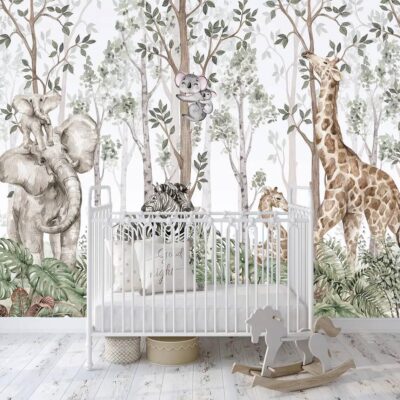 Peel Stick Wallpaper Cute Watercolor Design Of Jungle Friends Baby Elephant Zebra Giraffe And Koala Kids Or Baby Room Decoration