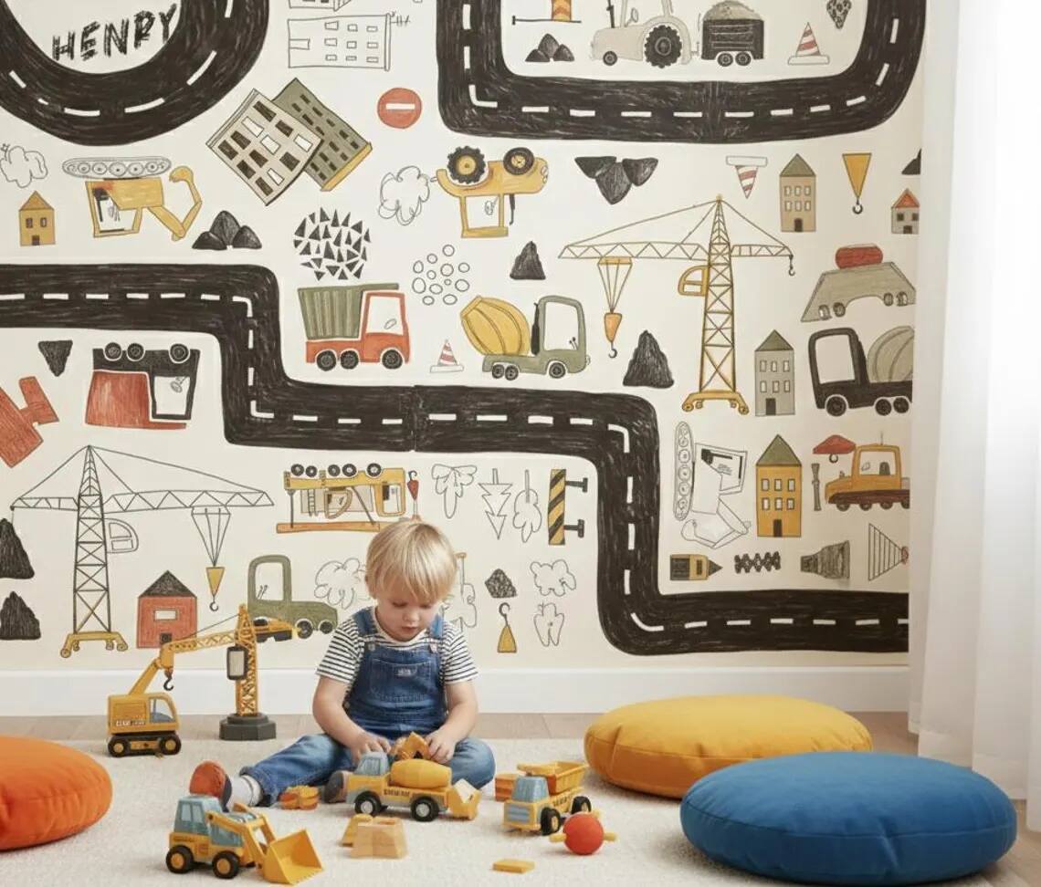 Personalized Construction Truck Wallpaper Boys Nursery Peel And Stick Mural