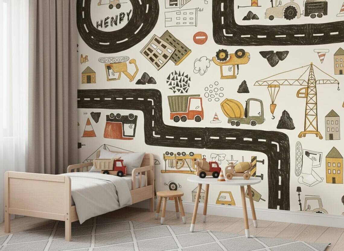 Personalized Construction Truck Wallpaper Boys Nursery Peel And Stick Mural