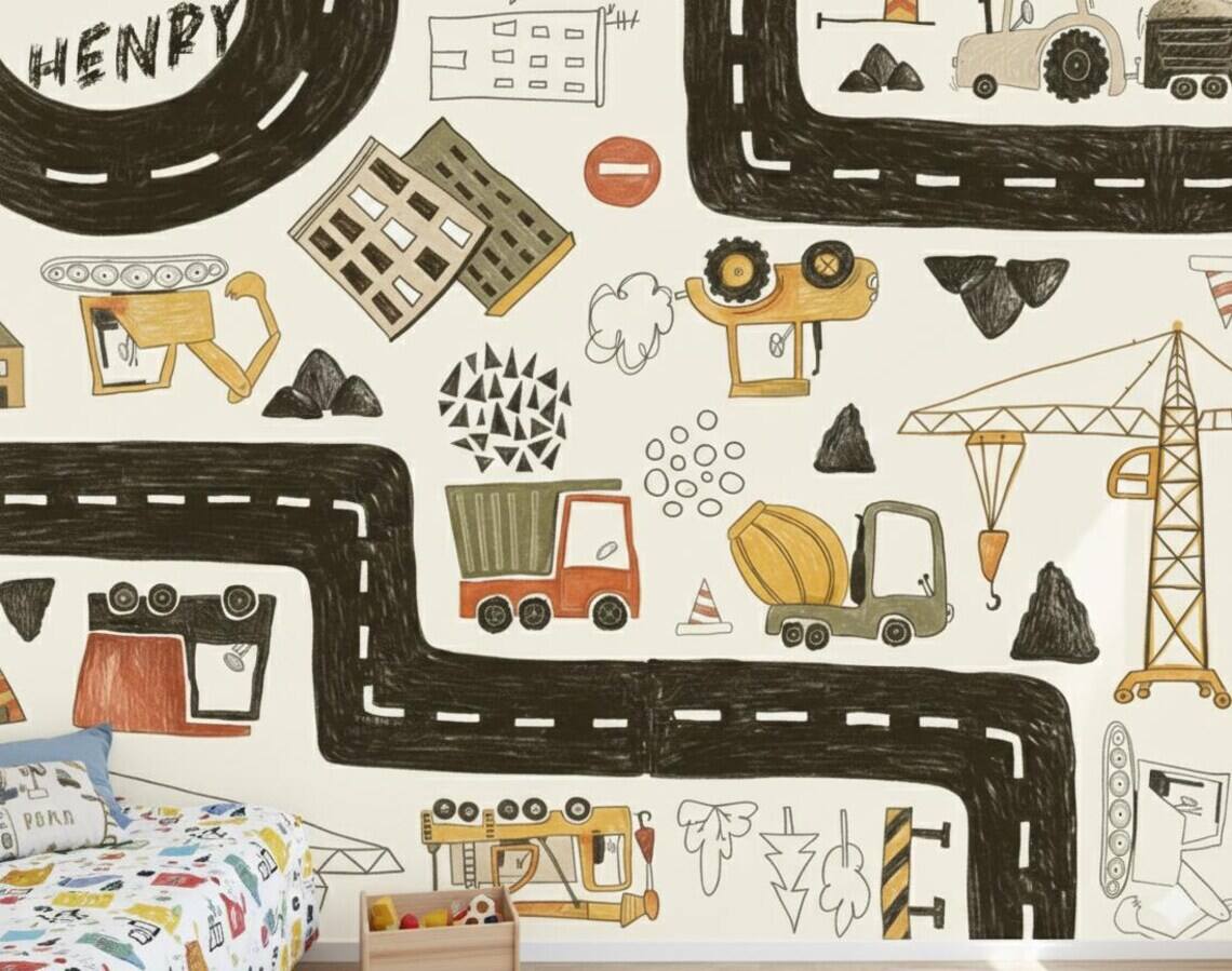 Personalized Construction Truck Wallpaper Boys Nursery Peel And Stick Mural