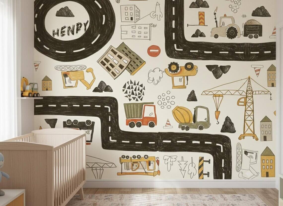 Personalized Construction Truck Wallpaper Boys Nursery Peel And Stick Mural