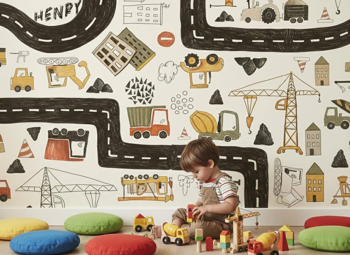 Personalized Construction Truck Wallpaper Boys Nursery Peel And Stick Mural