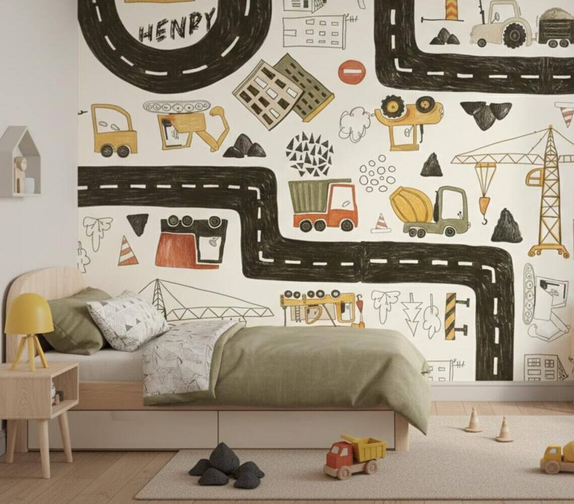 Personalized Construction Truck Wallpaper Boys Nursery Peel And Stick Mural
