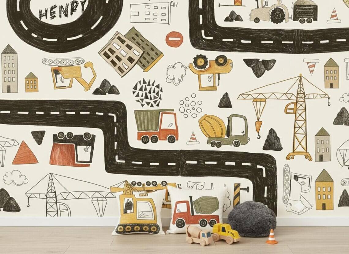 Personalized Construction Truck Wallpaper Boys Nursery Peel And Stick Mural