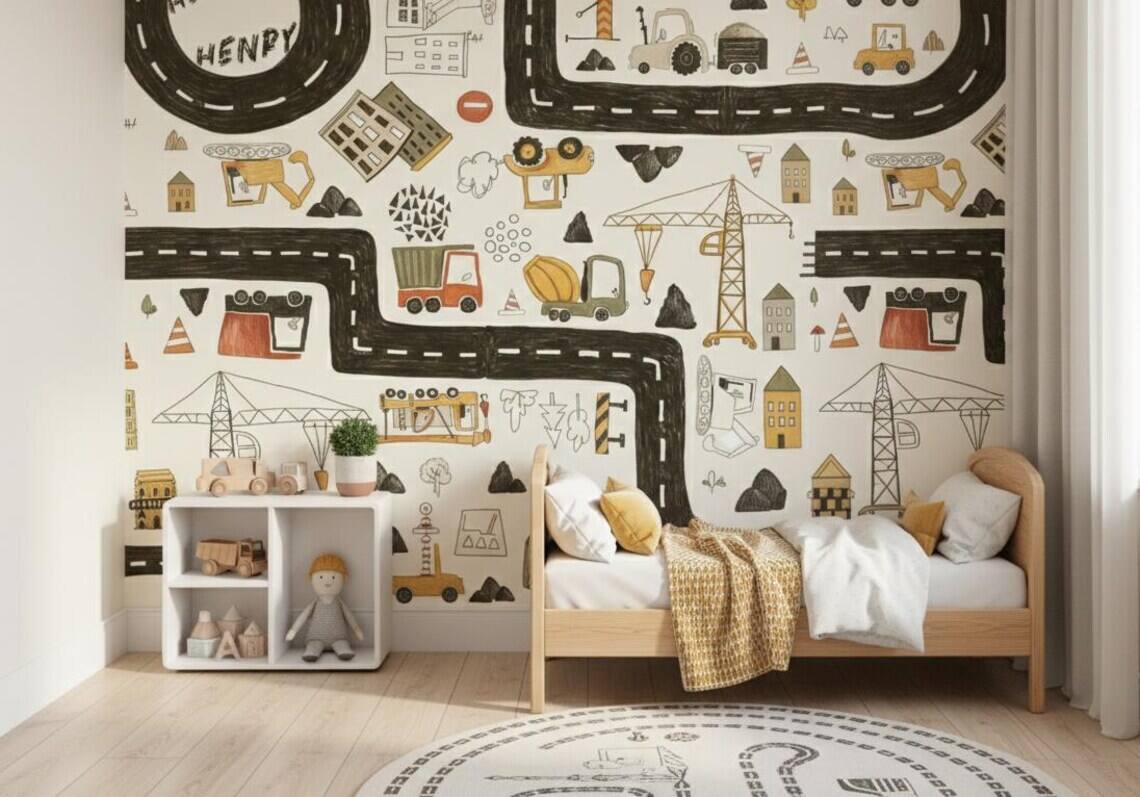 Personalized Construction Truck Wallpaper Boys Nursery Peel And Stick Mural