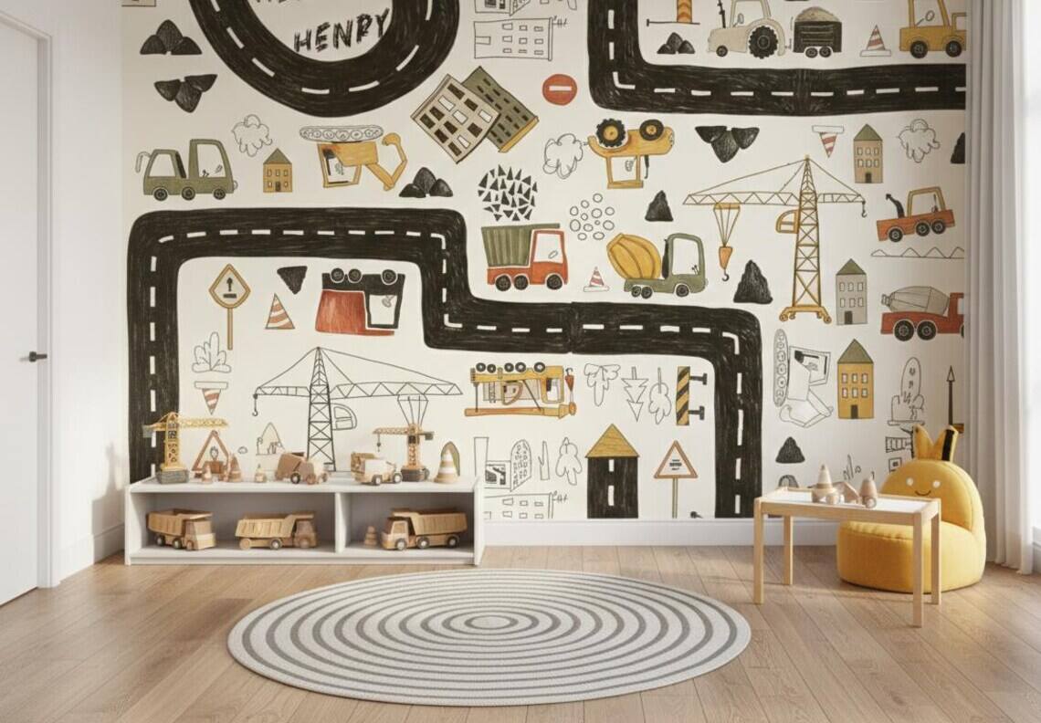 Personalized Construction Truck Wallpaper Boys Nursery Peel And Stick Mural