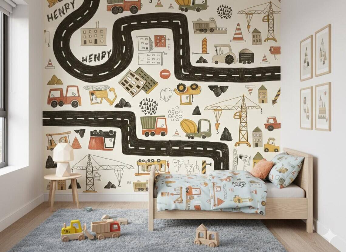Personalized Construction Truck Wallpaper Boys Nursery Peel And Stick Mural