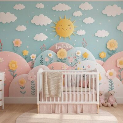 Personalized Nursery Wallpaper Sun And Flowers Wall Mural Peel And Stick