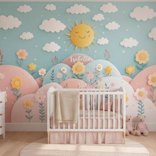 Personalized Nursery Wallpaper Sun And Flowers Wall Mural Peel And Stick