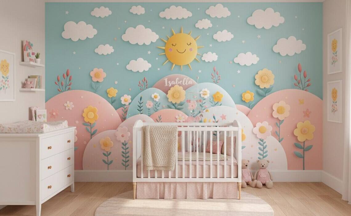 Personalized Nursery Wallpaper Sun And Flowers Wall Mural Peel And Stick