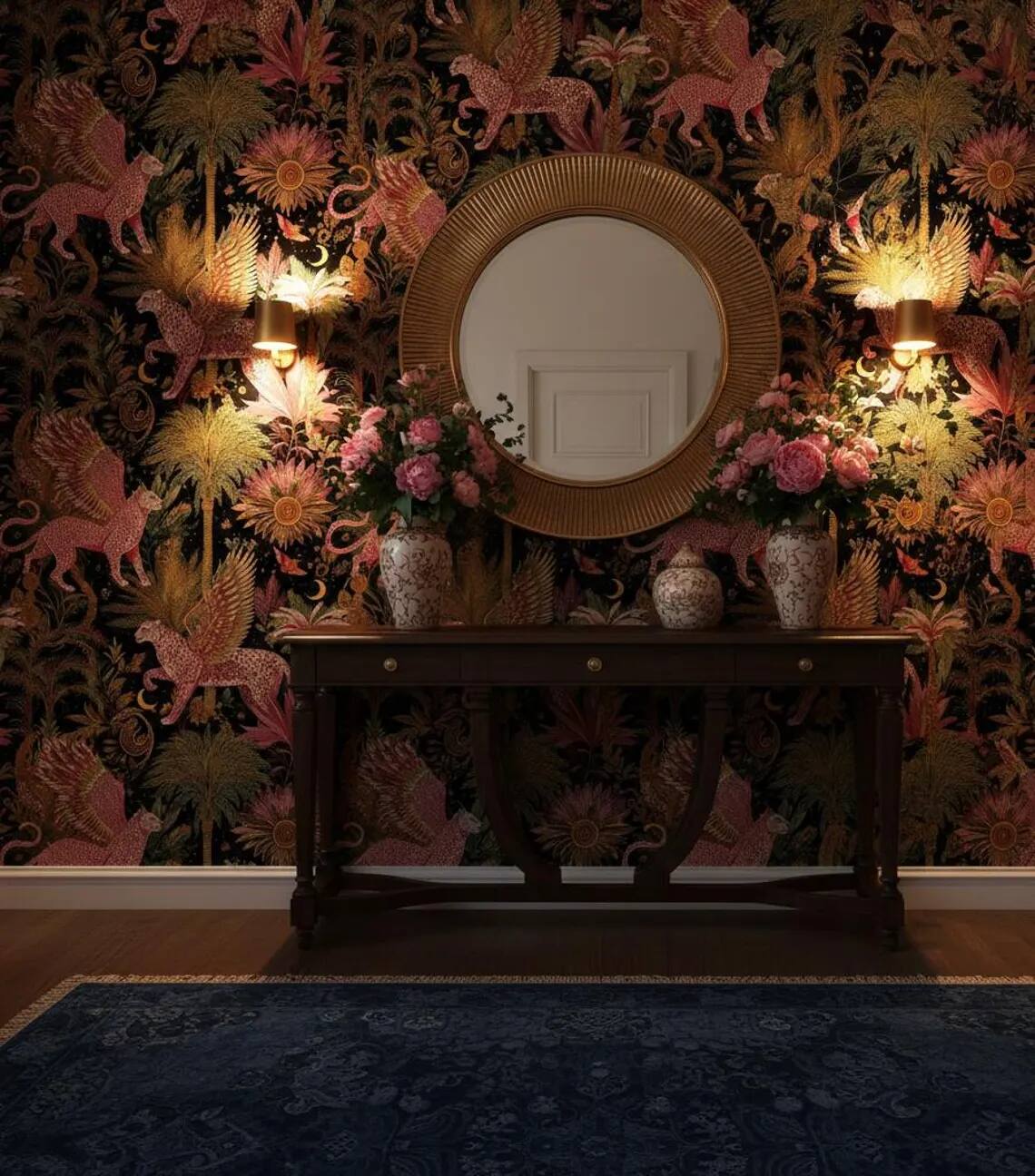 Pink Gold Winged Leopard Peel And Stick Wallpaper Dark Jungle Tropical Forest Mural