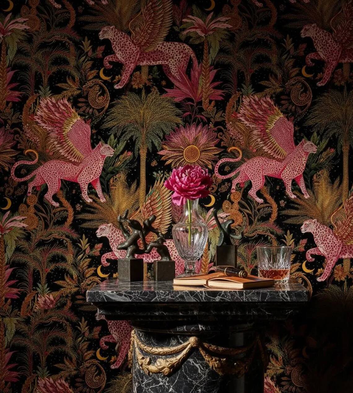 Pink Gold Winged Leopard Peel And Stick Wallpaper Dark Jungle Tropical Forest Mural