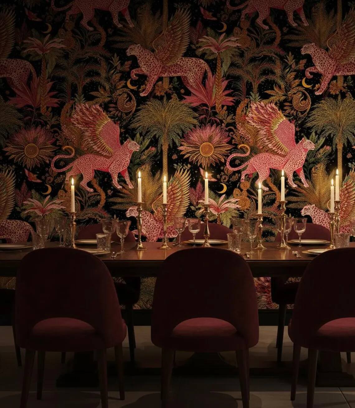 Pink Gold Winged Leopard Peel And Stick Wallpaper Dark Jungle Tropical Forest Mural