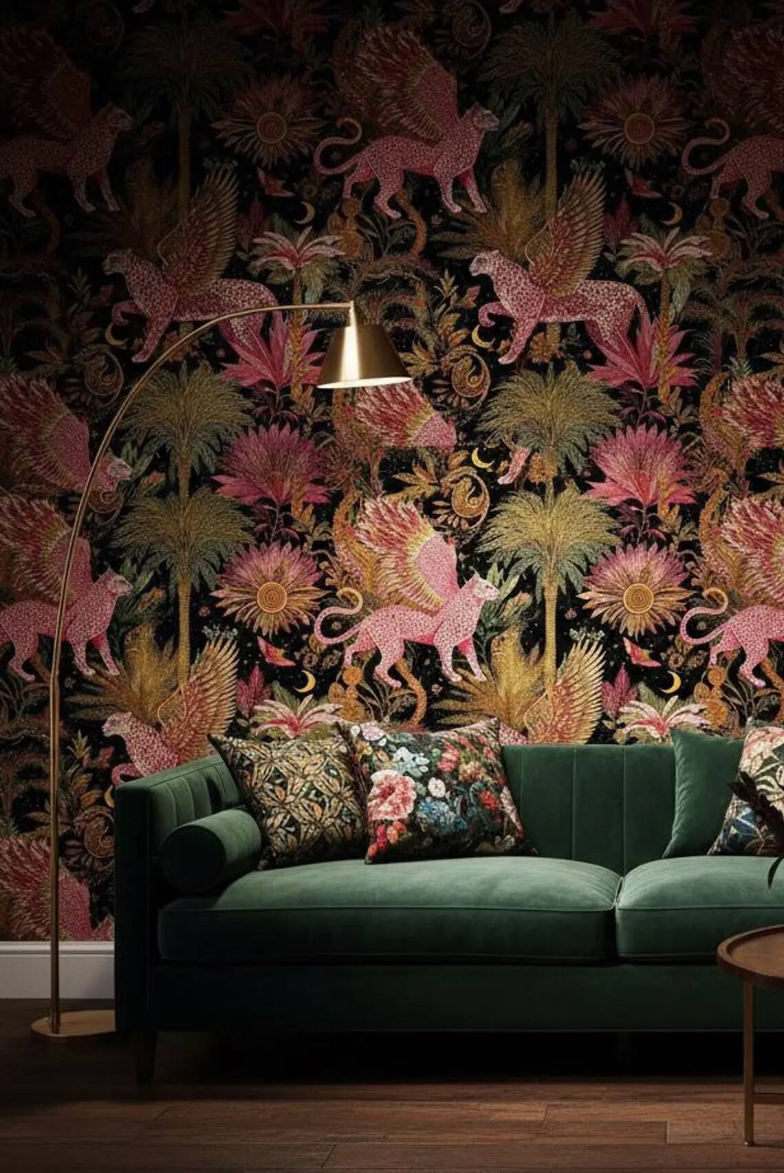 Pink Gold Winged Leopard Peel And Stick Wallpaper Dark Jungle Tropical Forest Mural