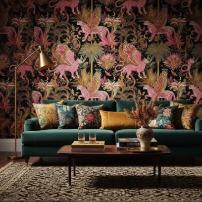 Pink Gold Winged Leopard Peel And Stick Wallpaper Dark Jungle Tropical Forest Mural