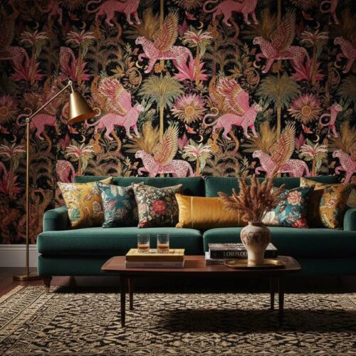 Pink Gold Winged Leopard Peel And Stick Wallpaper Dark Jungle Tropical Forest Mural