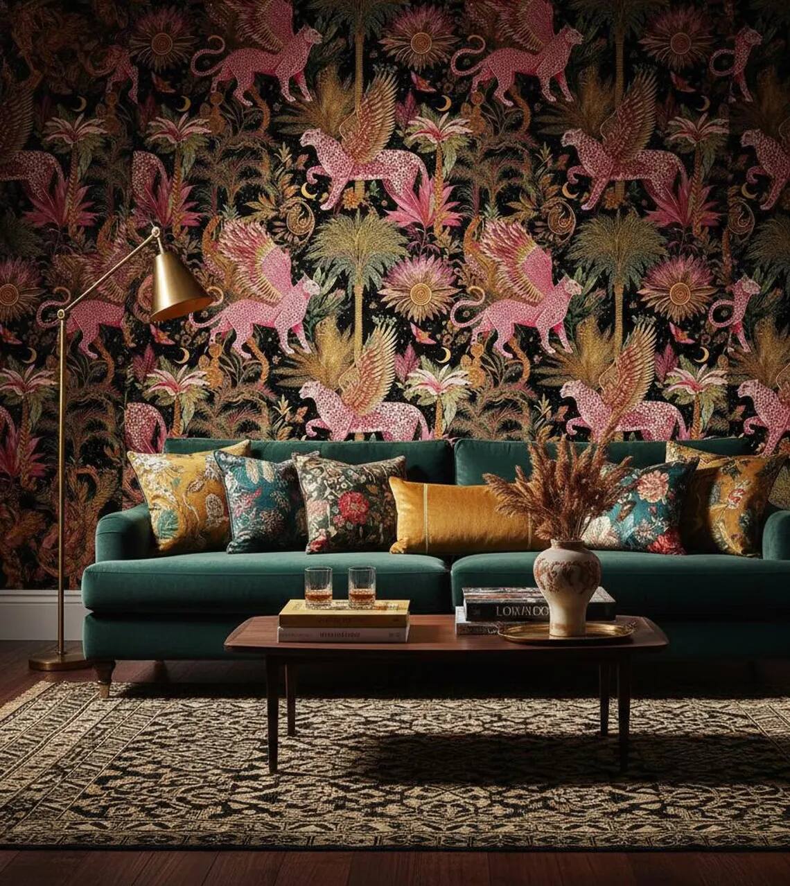 Pink Gold Winged Leopard Peel And Stick Wallpaper Dark Jungle Tropical Forest Mural