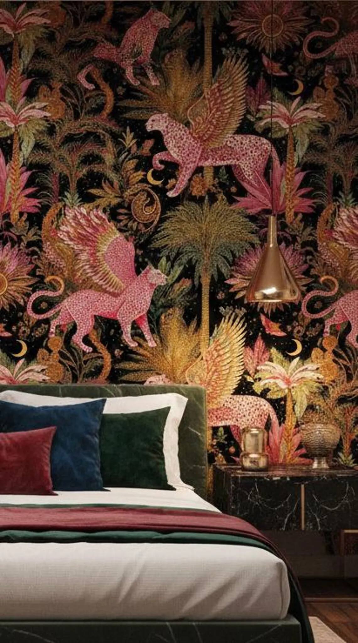 Pink Gold Winged Leopard Peel And Stick Wallpaper Dark Jungle Tropical Forest Mural