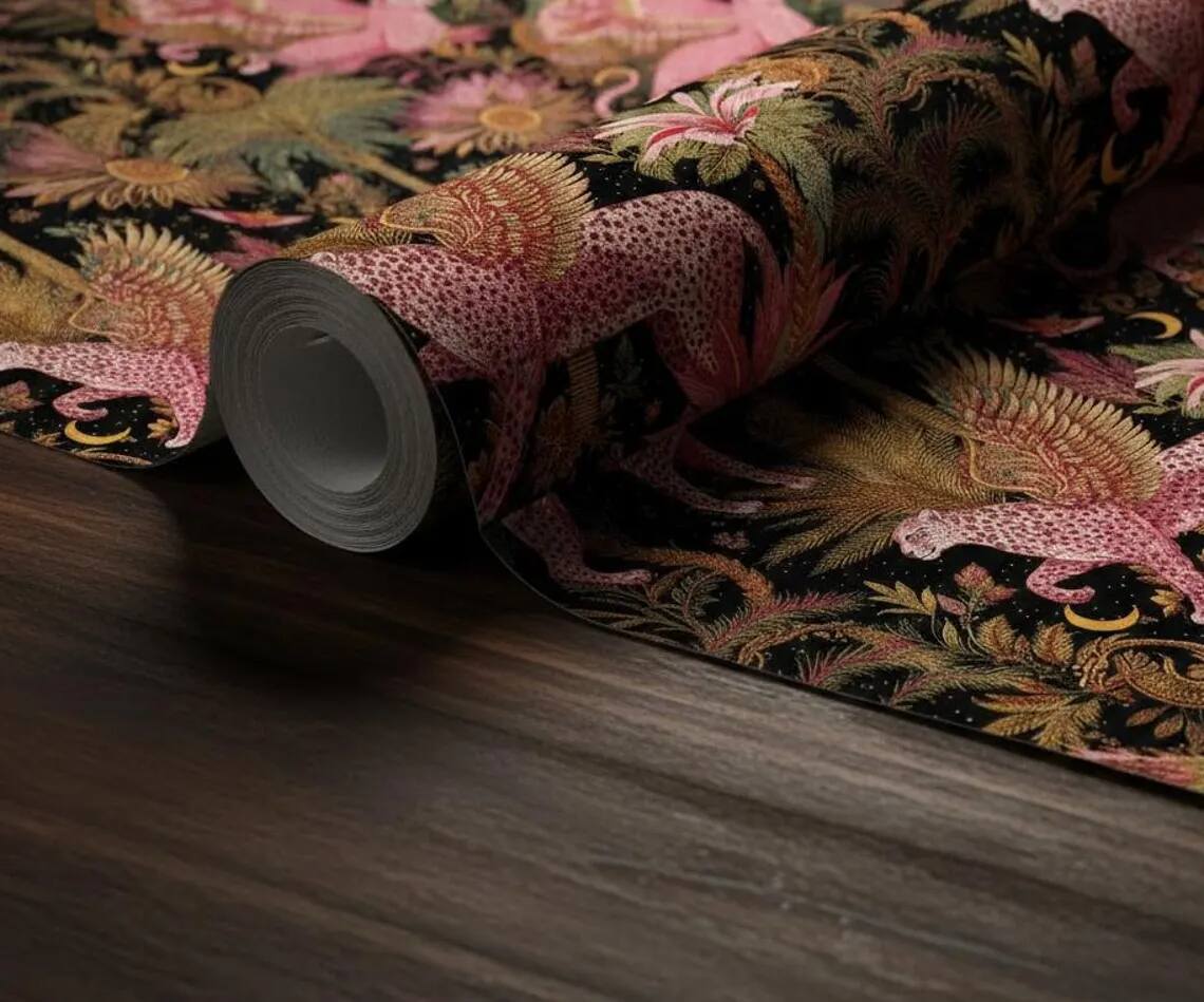 Pink Gold Winged Leopard Peel And Stick Wallpaper Dark Jungle Tropical Forest Mural