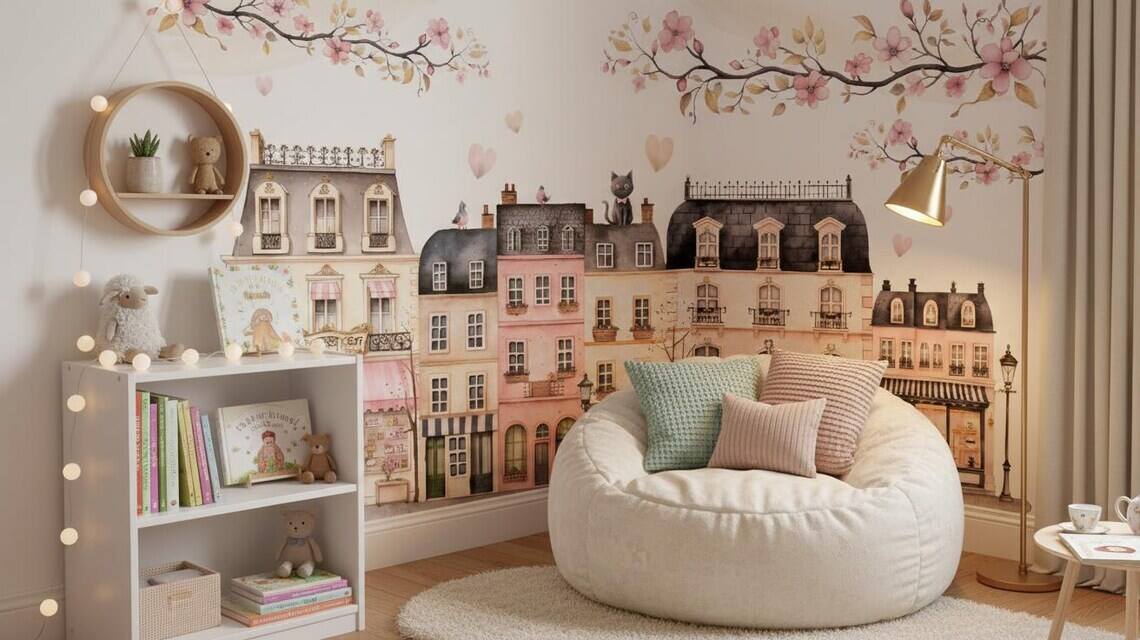 Pink Paris Houses Wallpaper Girls Nursery Decor Peel And Stick
