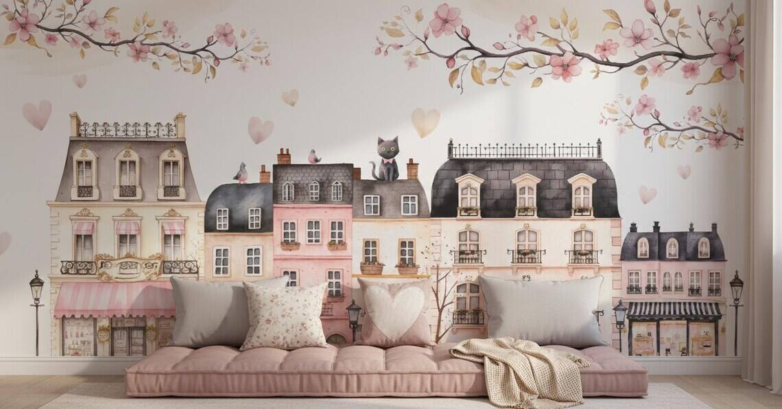 Pink Paris Houses Wallpaper Girls Nursery Decor Peel And Stick