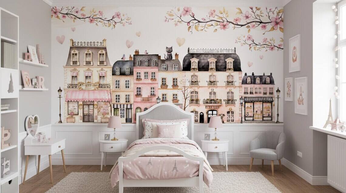 Pink Paris Houses Wallpaper Girls Nursery Decor Peel And Stick