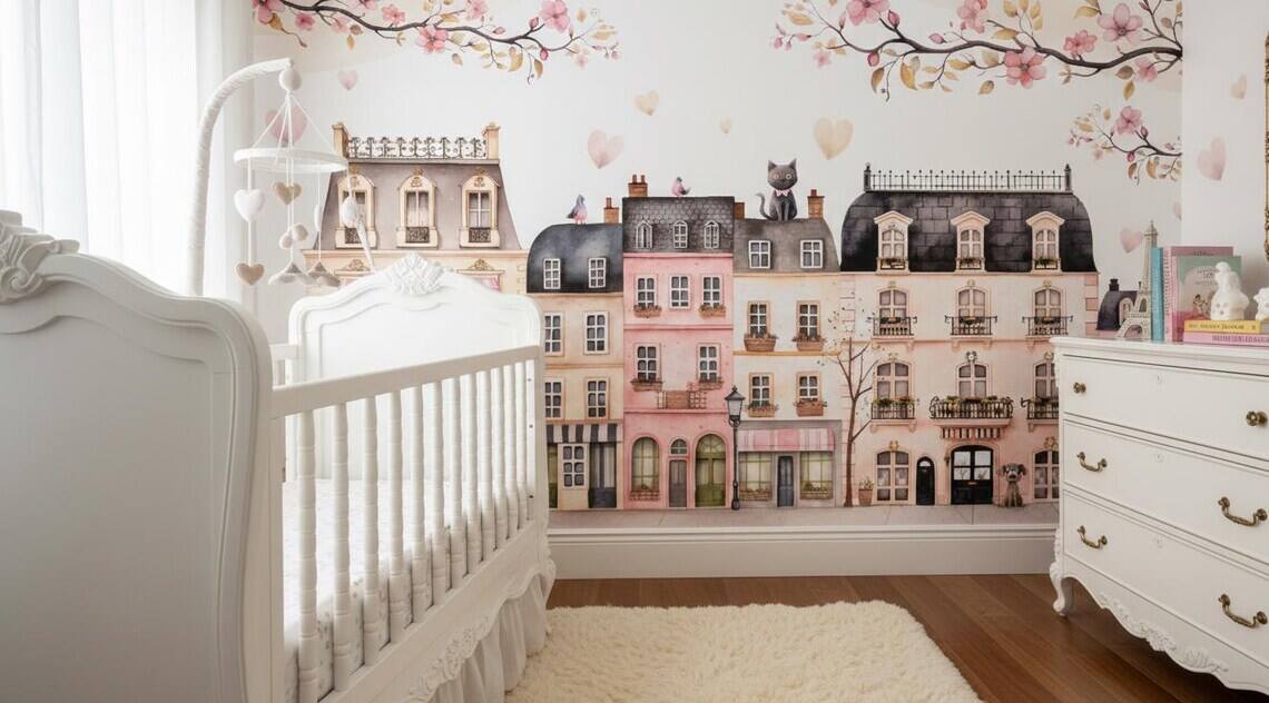 Pink Paris Houses Wallpaper Girls Nursery Decor Peel And Stick