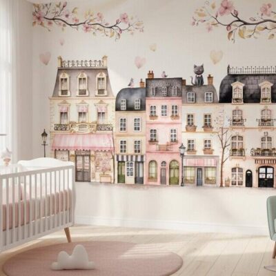 Pink Paris Houses Wallpaper Girls Nursery Decor Peel And Stick