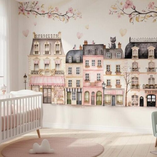 Pink Paris Houses Wallpaper Girls Nursery Decor Peel And Stick