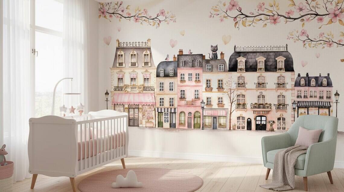 Pink Paris Houses Wallpaper Girls Nursery Decor Peel And Stick