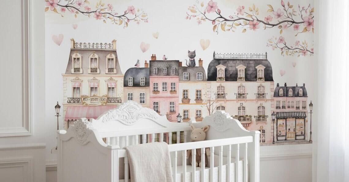 Pink Paris Houses Wallpaper Girls Nursery Decor Peel And Stick