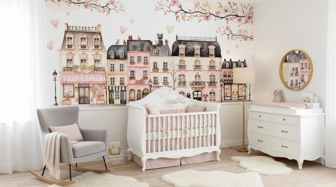 Pink Paris Houses Wallpaper Girls Nursery Decor Peel And Stick