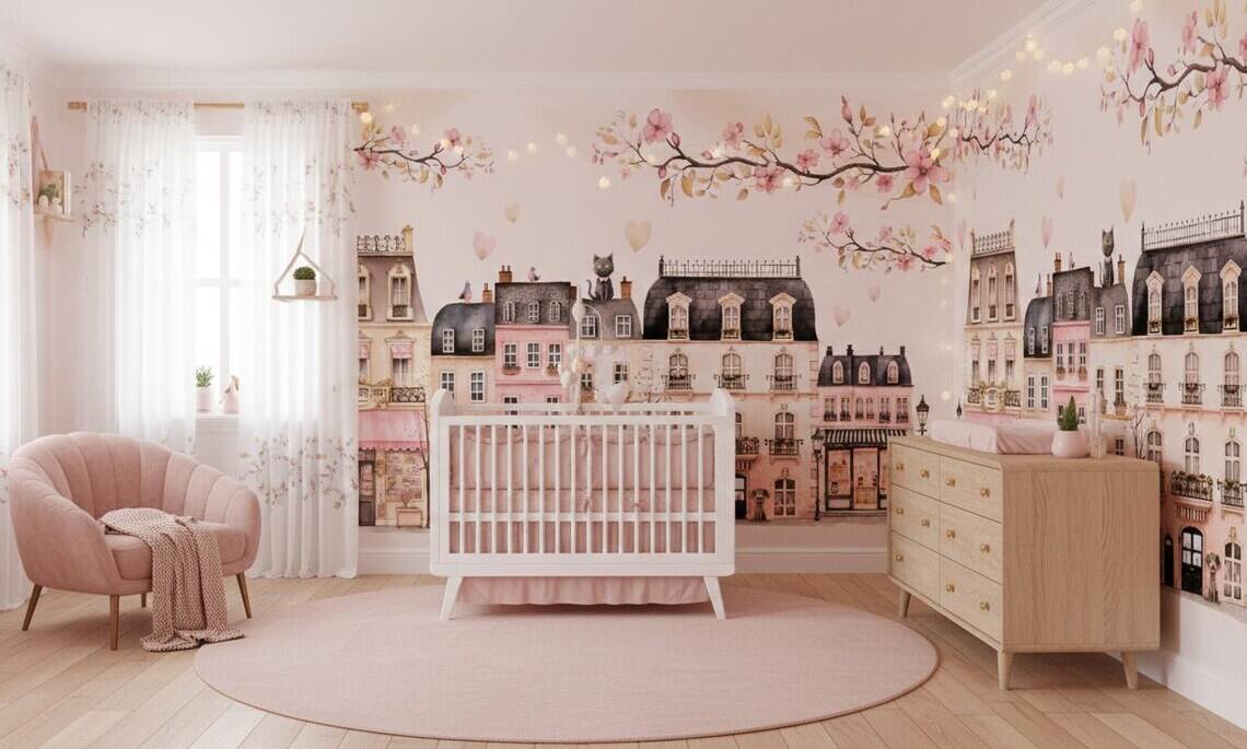Pink Paris Houses Wallpaper Girls Nursery Decor Peel And Stick