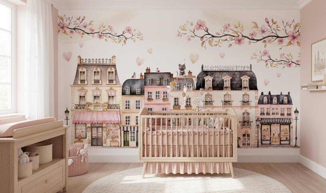 Pink Paris Houses Wallpaper Girls Nursery Decor Peel And Stick