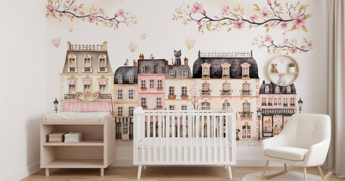 Pink Paris Houses Wallpaper Girls Nursery Decor Peel And Stick
