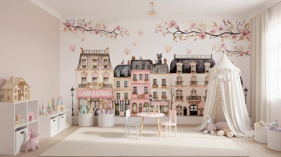 Pink Paris Houses Wallpaper Girls Nursery Decor Peel And Stick