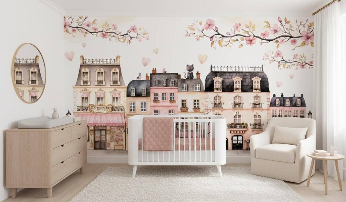Pink Paris Houses Wallpaper Girls Nursery Decor Peel And Stick