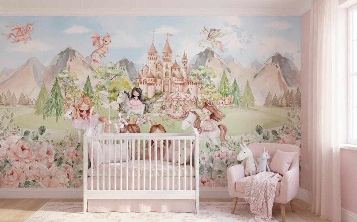 Princess And Castle Nursery Wallpaper Magic Kingdom Fairytale Peel And Stick Wall Mural Girls Room Wall Decor Floral Wallpaper