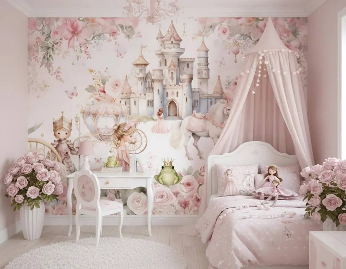 Princess And Castle Nursery Wallpaper Magic Kingdom Fairytale Peel And Stick Wall Mural Girls Room Wall Decor Floral Wallpaper