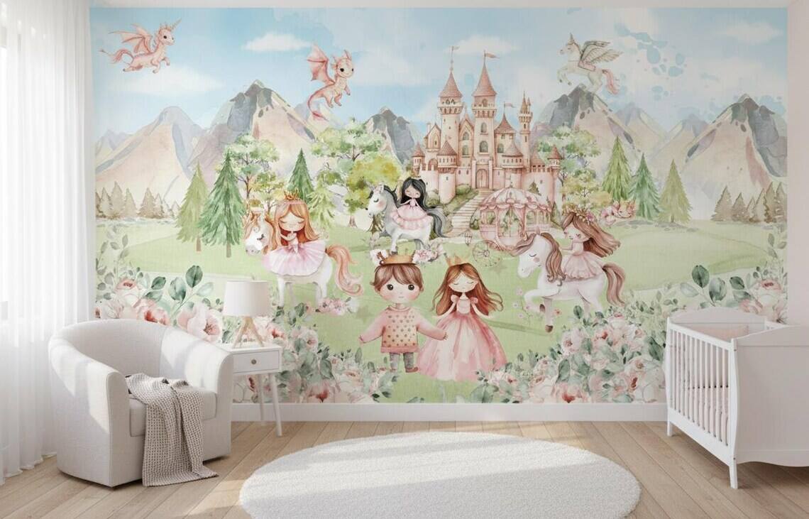 Princess And Castle Nursery Wallpaper Magic Kingdom Fairytale Peel And Stick Wall Mural Girls Room Wall Decor Floral Wallpaper