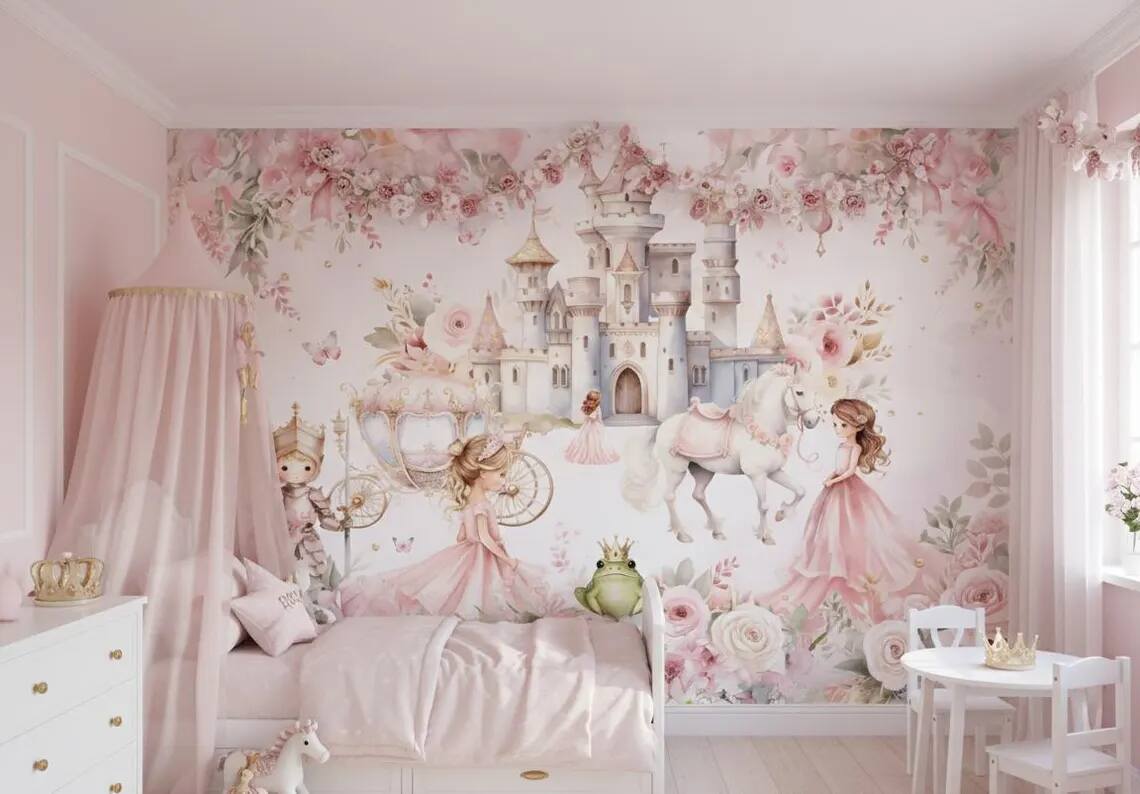 Princess And Castle Nursery Wallpaper Magic Kingdom Fairytale Peel And Stick Wall Mural Girls Room Wall Decor Floral Wallpaper