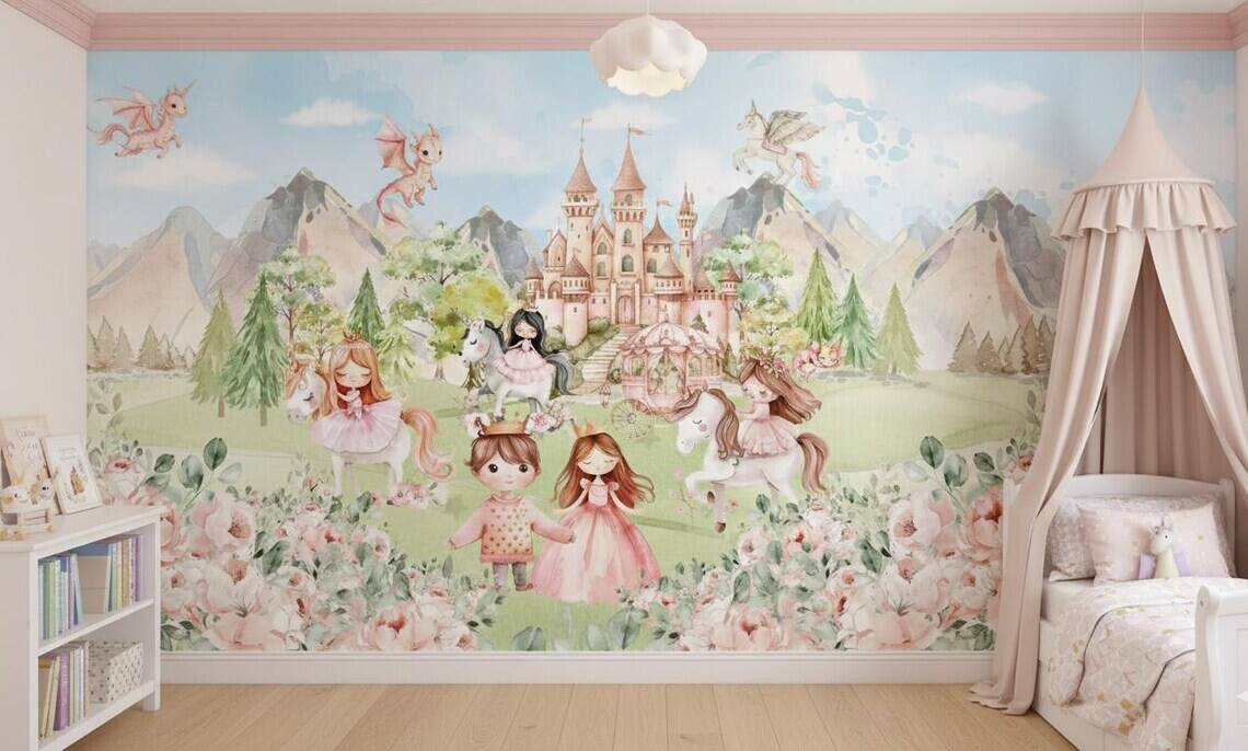 Princess And Castle Nursery Wallpaper Magic Kingdom Fairytale Peel And Stick Wall Mural Girls Room Wall Decor Floral Wallpaper