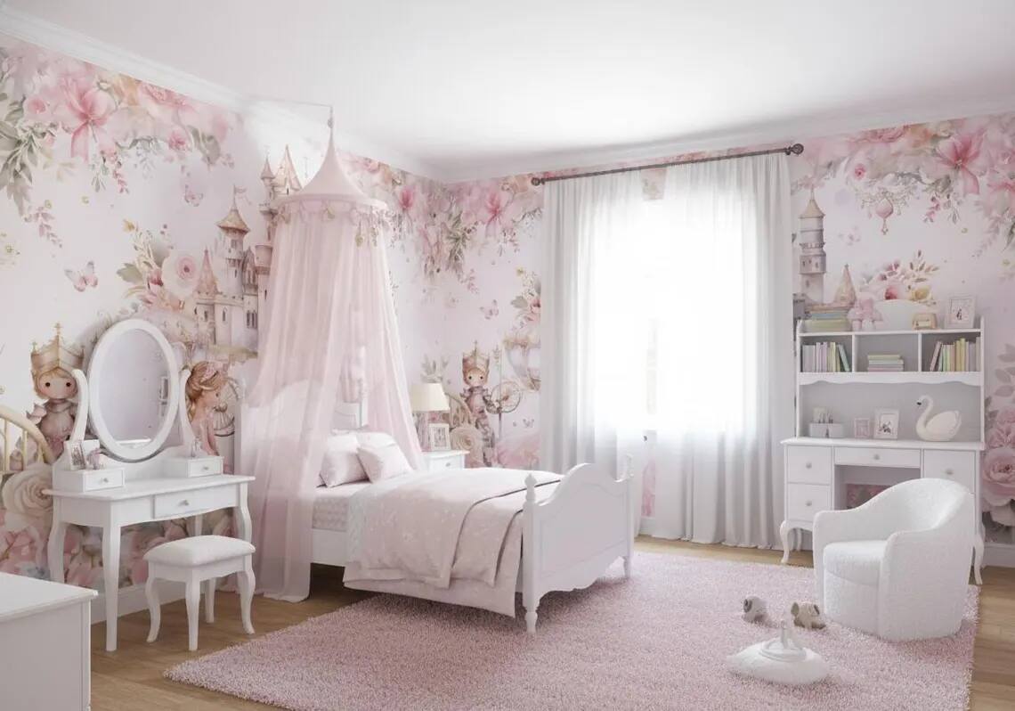 Princess And Castle Nursery Wallpaper Magic Kingdom Fairytale Peel And Stick Wall Mural Girls Room Wall Decor Floral Wallpaper