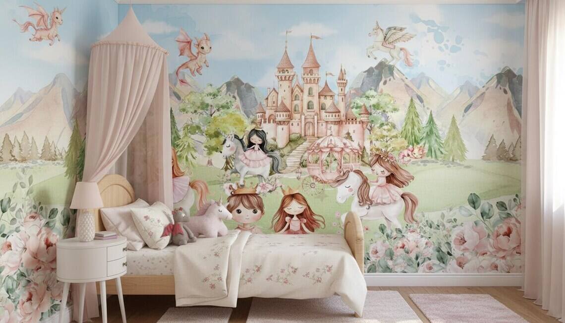 Princess And Castle Nursery Wallpaper Magic Kingdom Fairytale Peel And Stick Wall Mural Girls Room Wall Decor Floral Wallpaper