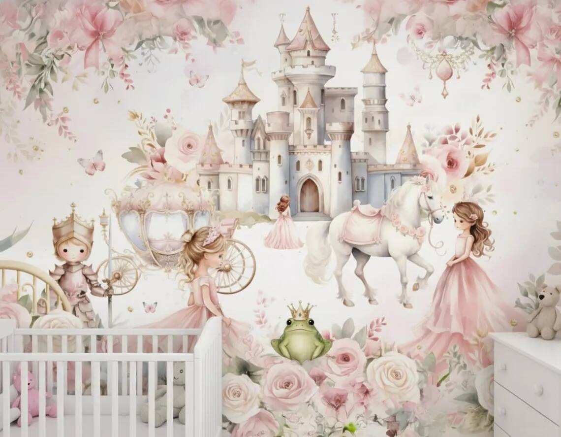 Princess And Castle Nursery Wallpaper Magic Kingdom Fairytale Peel And Stick Wall Mural Girls Room Wall Decor Floral Wallpaper