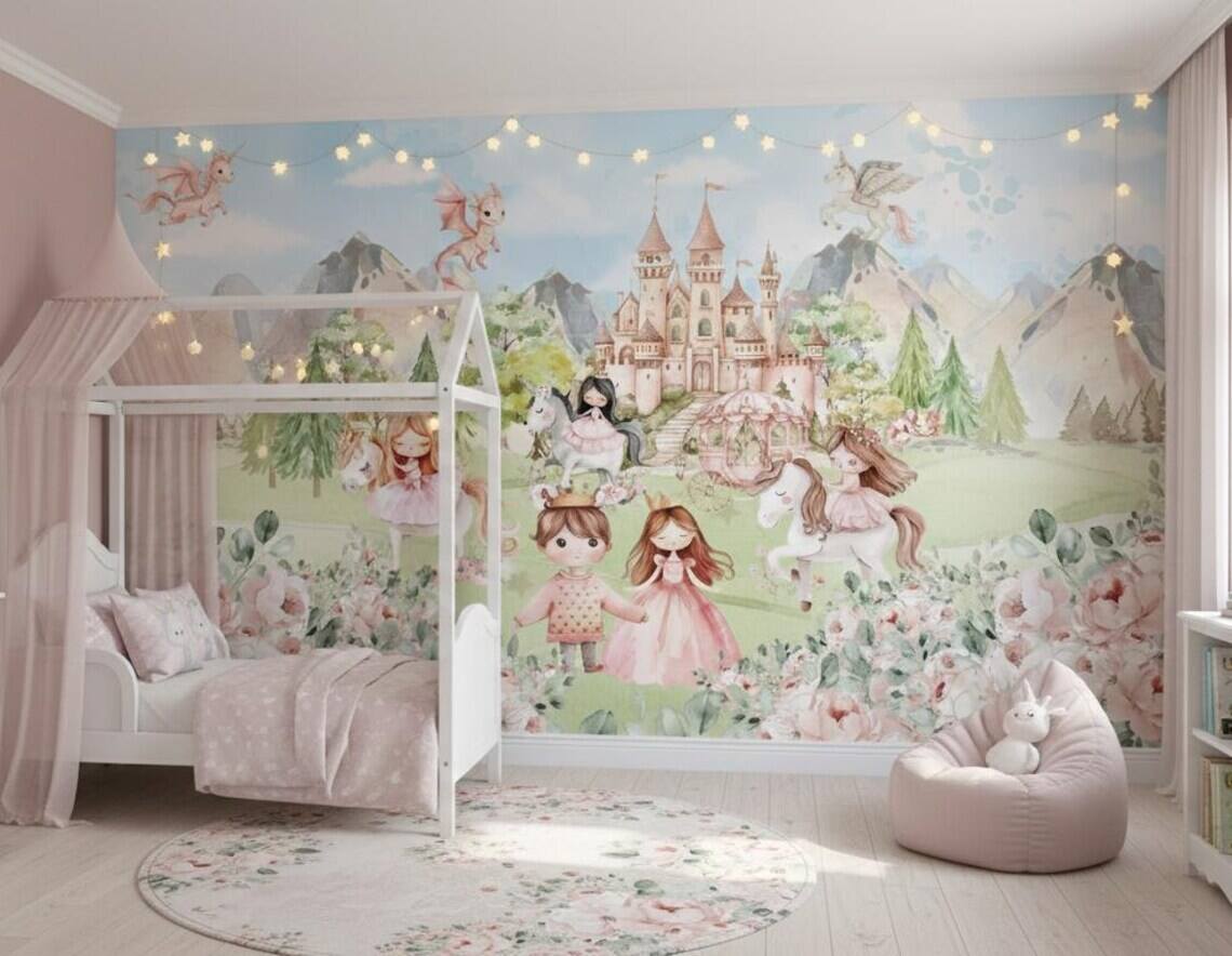 Princess And Castle Nursery Wallpaper Magic Kingdom Fairytale Peel And Stick Wall Mural Girls Room Wall Decor Floral Wallpaper