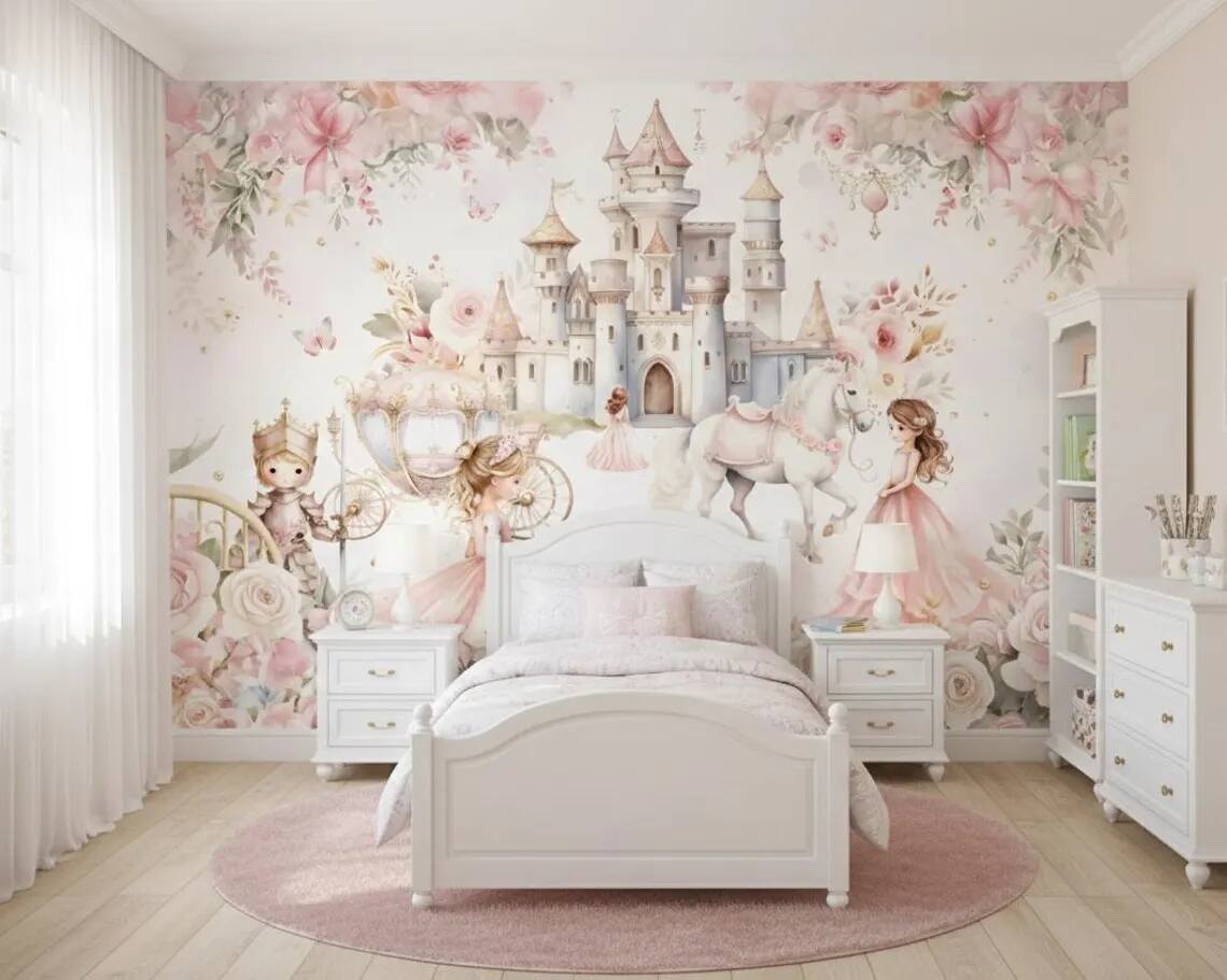 Princess And Castle Nursery Wallpaper Magic Kingdom Fairytale Peel And Stick Wall Mural Girls Room Wall Decor Floral Wallpaper