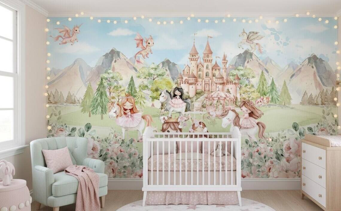 Princess And Castle Nursery Wallpaper Magic Kingdom Fairytale Peel And Stick Wall Mural Girls Room Wall Decor Floral Wallpaper