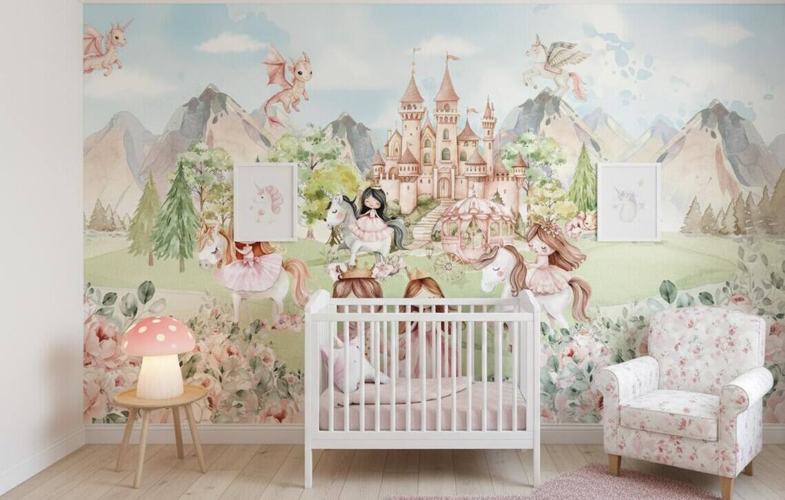 Princess And Castle Nursery Wallpaper Magic Kingdom Fairytale Peel And Stick Wall Mural Girls Room Wall Decor Floral Wallpaper